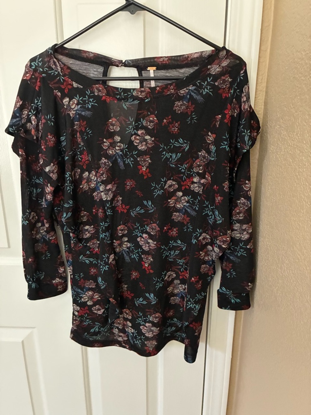 Free People Black Floral Long-Sleeve Tee with Teal and Red Accents